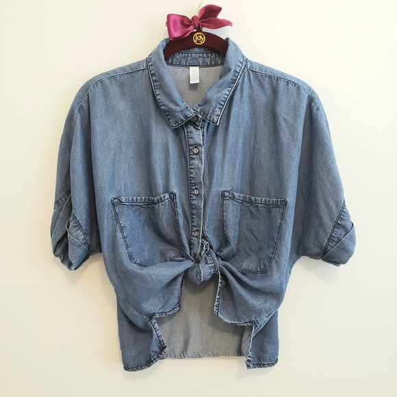 Cute Soft Blue Button Up Short Sleeve Collar Shirt Denim Top Spring DD77 Casual - Picture 1 of 14